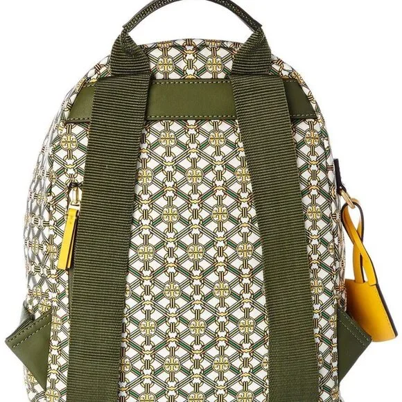 RARE Tory Burch Piper Bag Printed Backpack Green Gemini Link Satin Quilt Lined - Picture 2 of 5